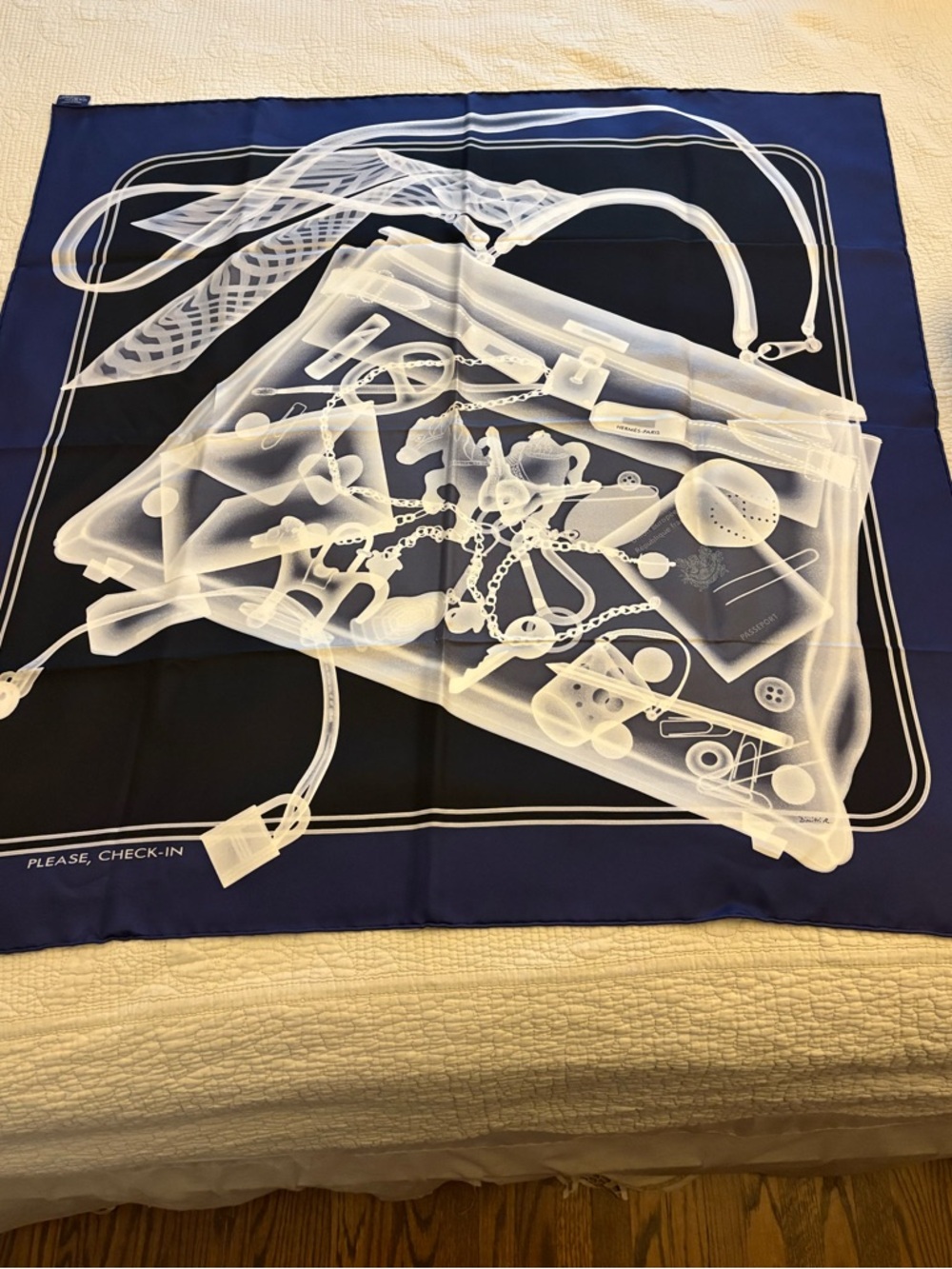Hermès “Please, Check-In” Carré 90 Silk Scarf — Navy/Black/White | With Box